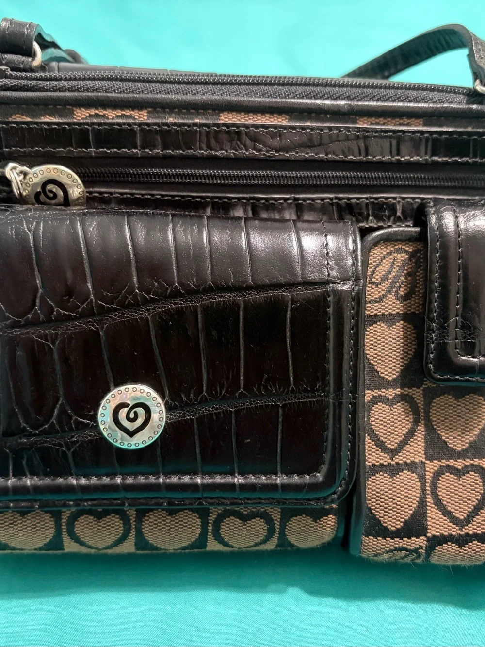 Brighton Brown & Black Heart Jacquard and Leather Crossbody Organizer Bag